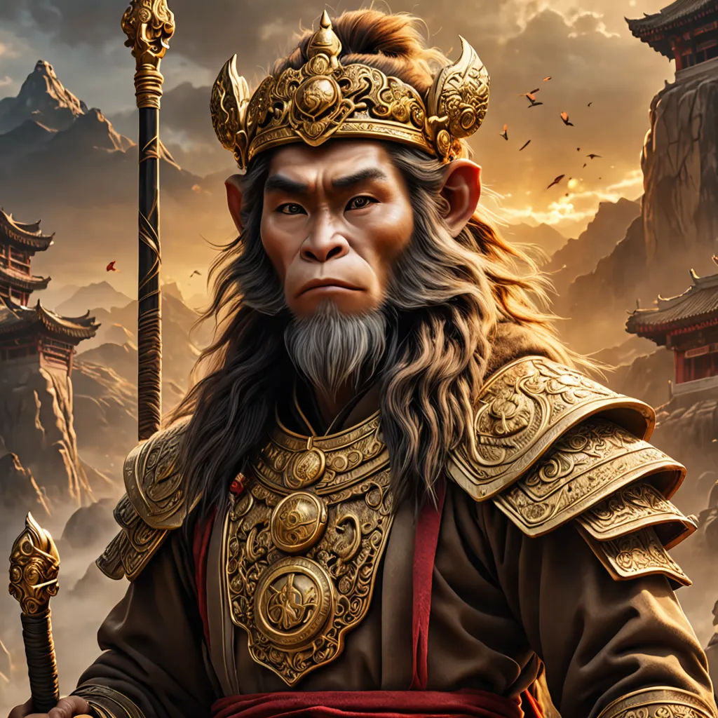 a monkey dressed in a chinese costume with a sword in his hand and a mountain in the background with clouds, sumatraism, a character portrait, Emperor Huizong of Song, highly detailed digital painting