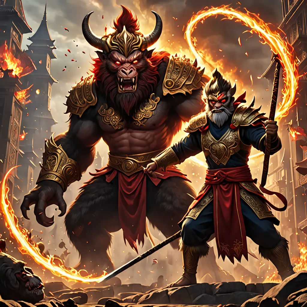 a man with a horned face holding a sword and a demon with a demon like face on his chest, fantasy art, concept art, Dai Jin, 2 d game art