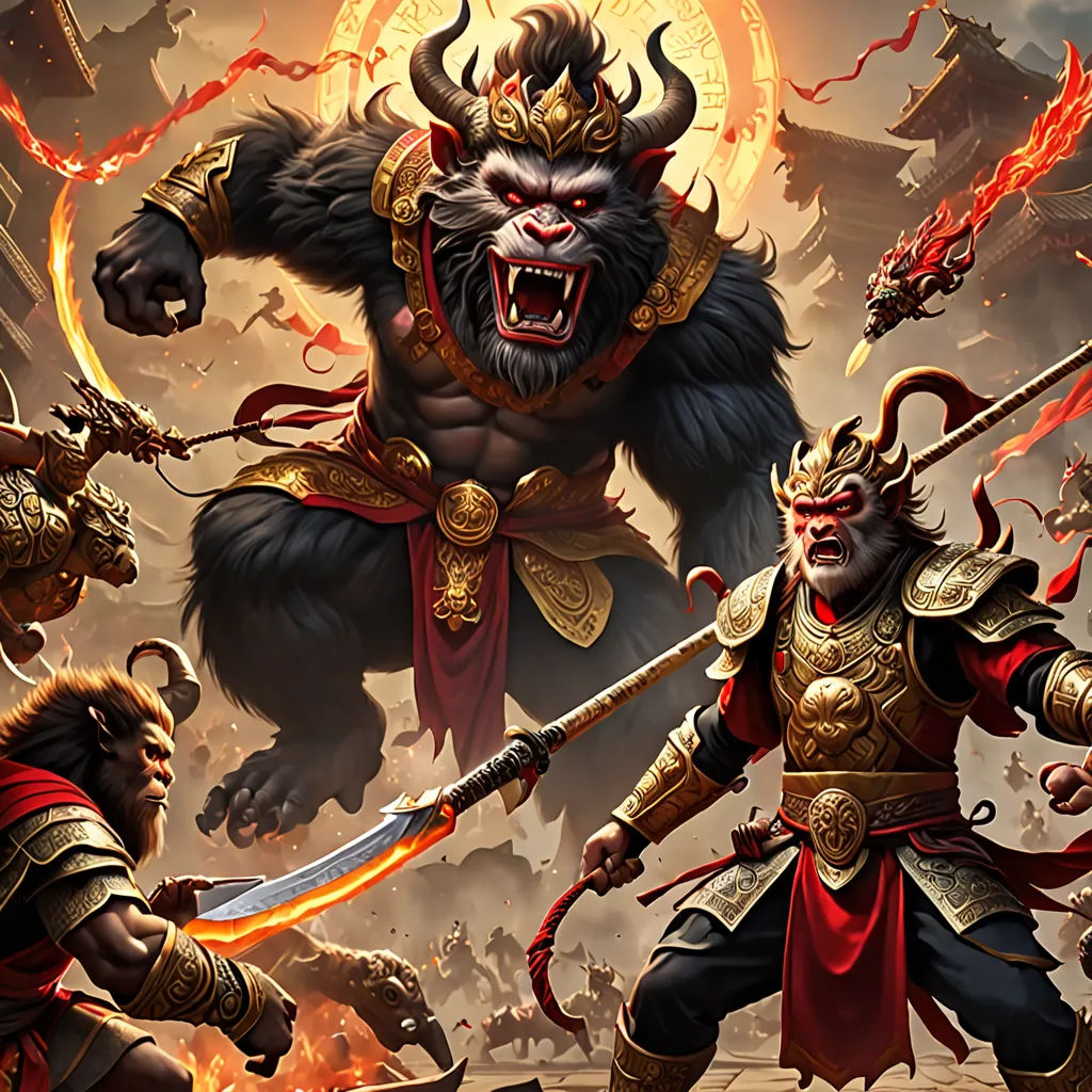 a group of demonic looking men with swords and demon like faces on their faces, with a demon attacking them, fantasy art, concept art, Dai Jin, key art