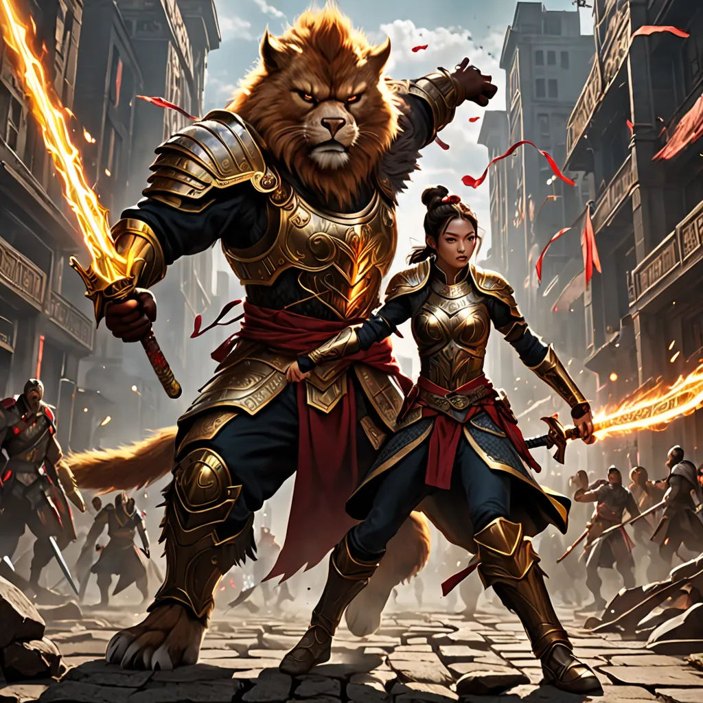 a woman in a warrior outfit standing next to a lion on a street with fire in her hands and a lion on her arm, altermodern, concept art, Clint Cearley, magic the gathering artwork
