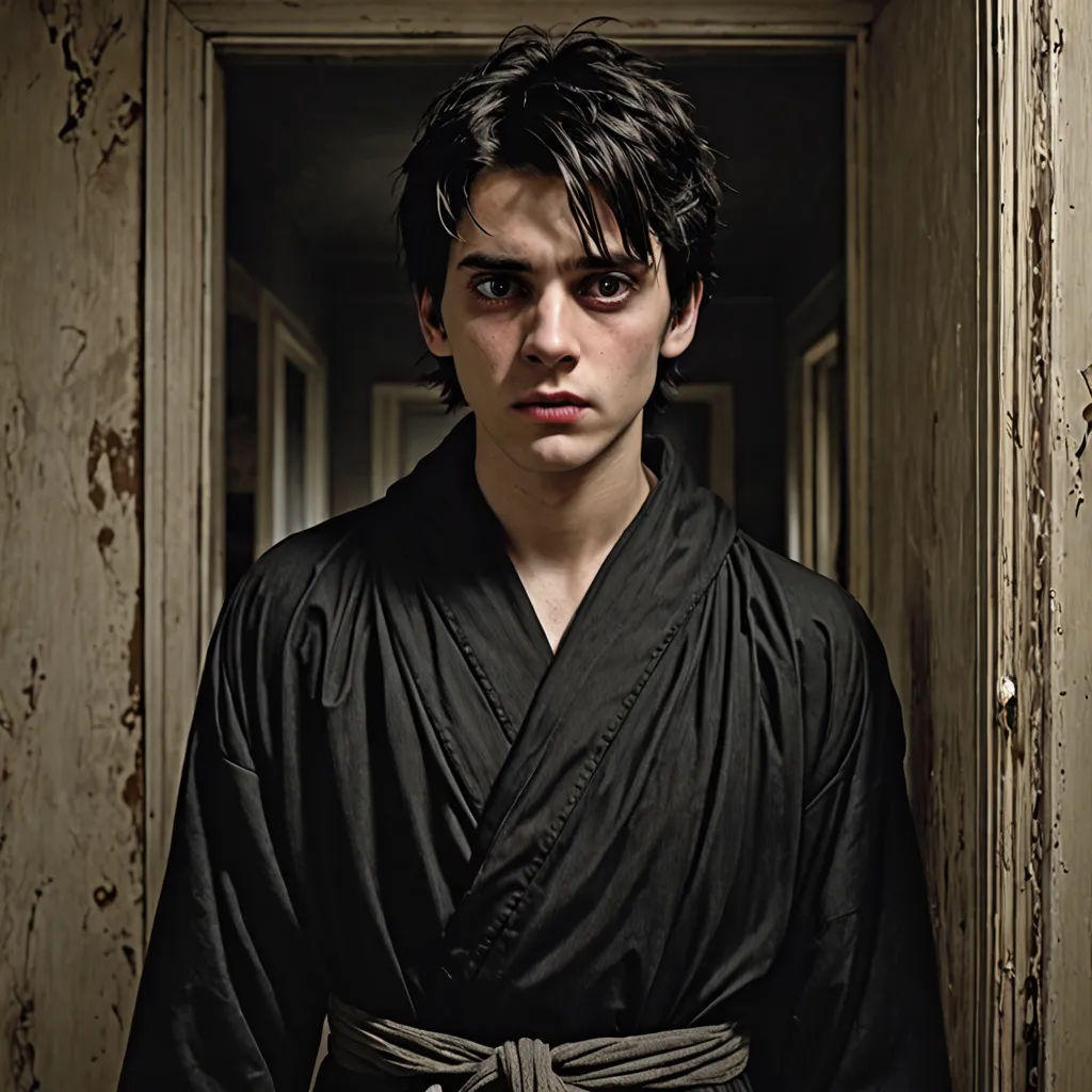 a man in a robe is standing in a doorway with a knife in his hand and looking at the camera, international gothic, a character portrait, David Budd, promotional image
