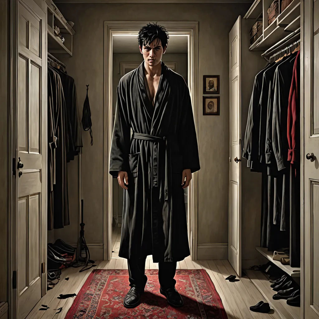 a man in a robe standing in a hallway with a red rug on the floor and a red rug on the floor, american realism, a hyperrealistic painting, F. Scott Hess, award-winning photograph
