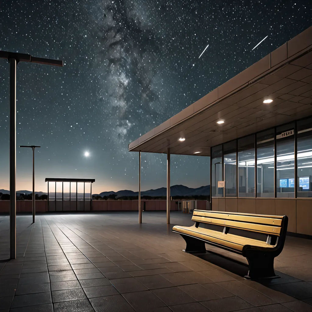 a bench sitting in front of a building under a night sky filled with stars and a bright light shining on the ground, art photography, a photo, Daniel Lieske, astrophotography
