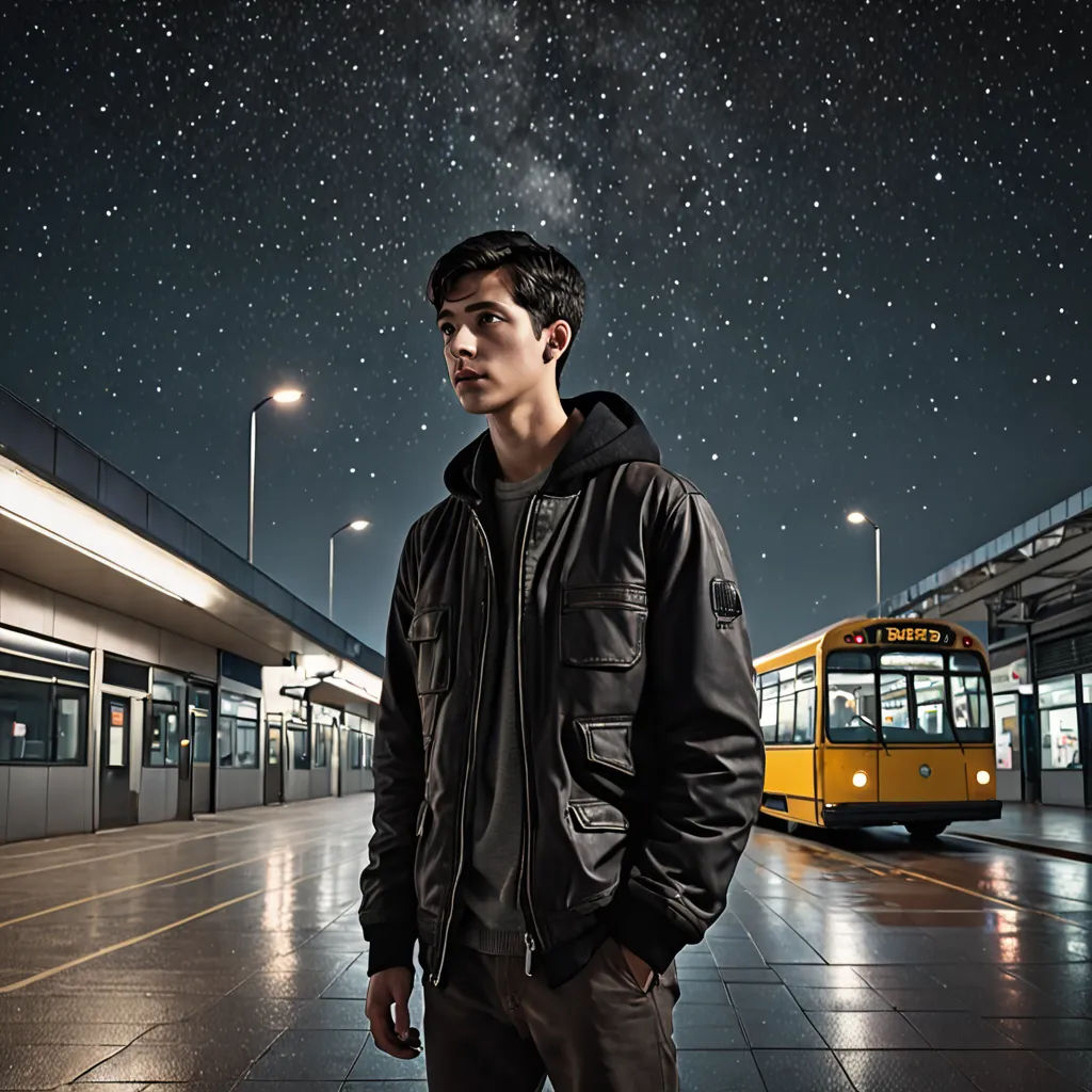 a man standing in a train station with a bus in the background and stars in the sky above him, neo-figurative, a character portrait, Filip Hodas, promotional image
