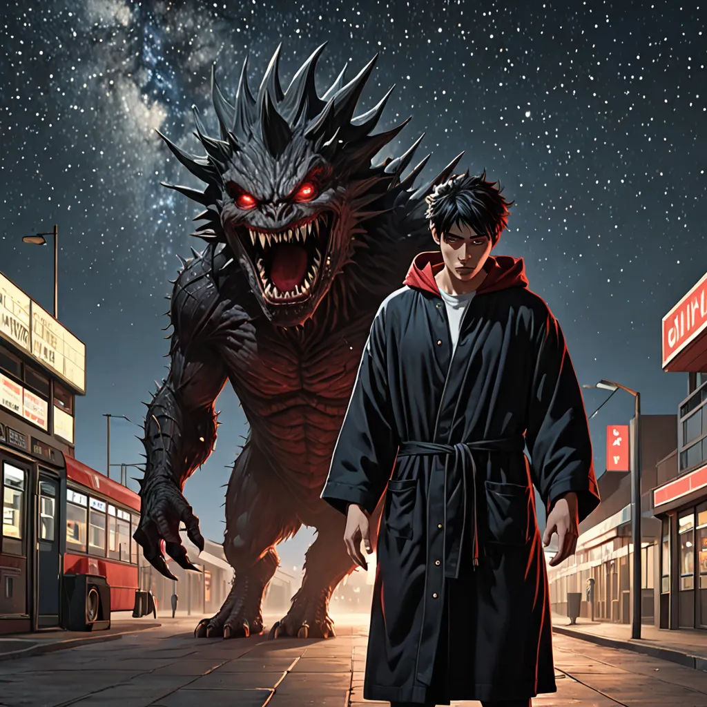 a man in a robe standing next to a giant monster in a city street at night with stars in the sky, sots art, a comic book panel, Eddie Mendoza, comic cover art