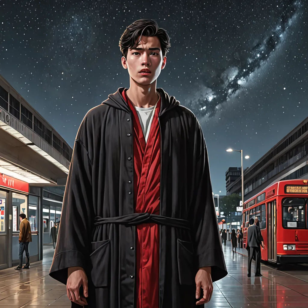 a man in a robe standing in a train station with a bus in the background and a galaxy in the sky, photorealism, a hyperrealistic painting, Barclay Shaw, highly detailed digital painting