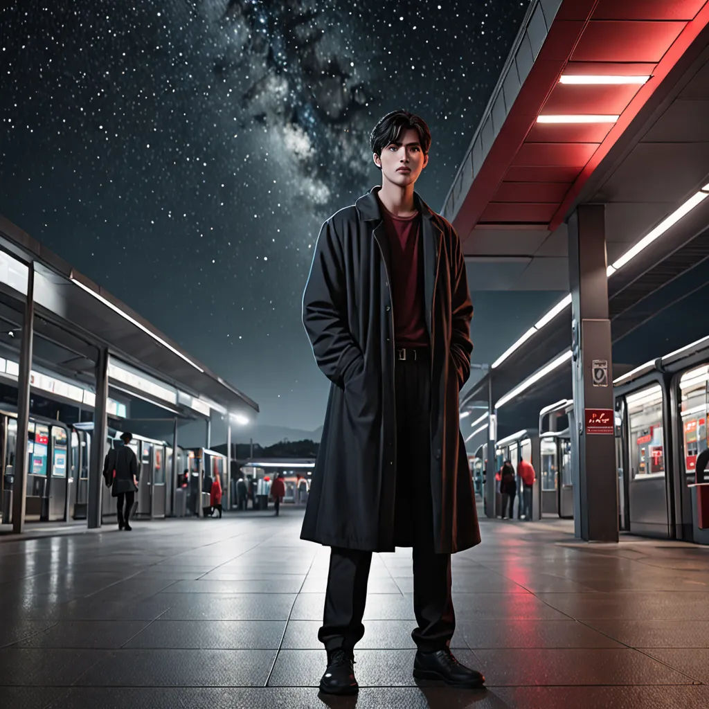 a man standing in a train station under a night sky filled with stars and a milky background with a red light, light and space, a character portrait, Amir Zand, promotional image