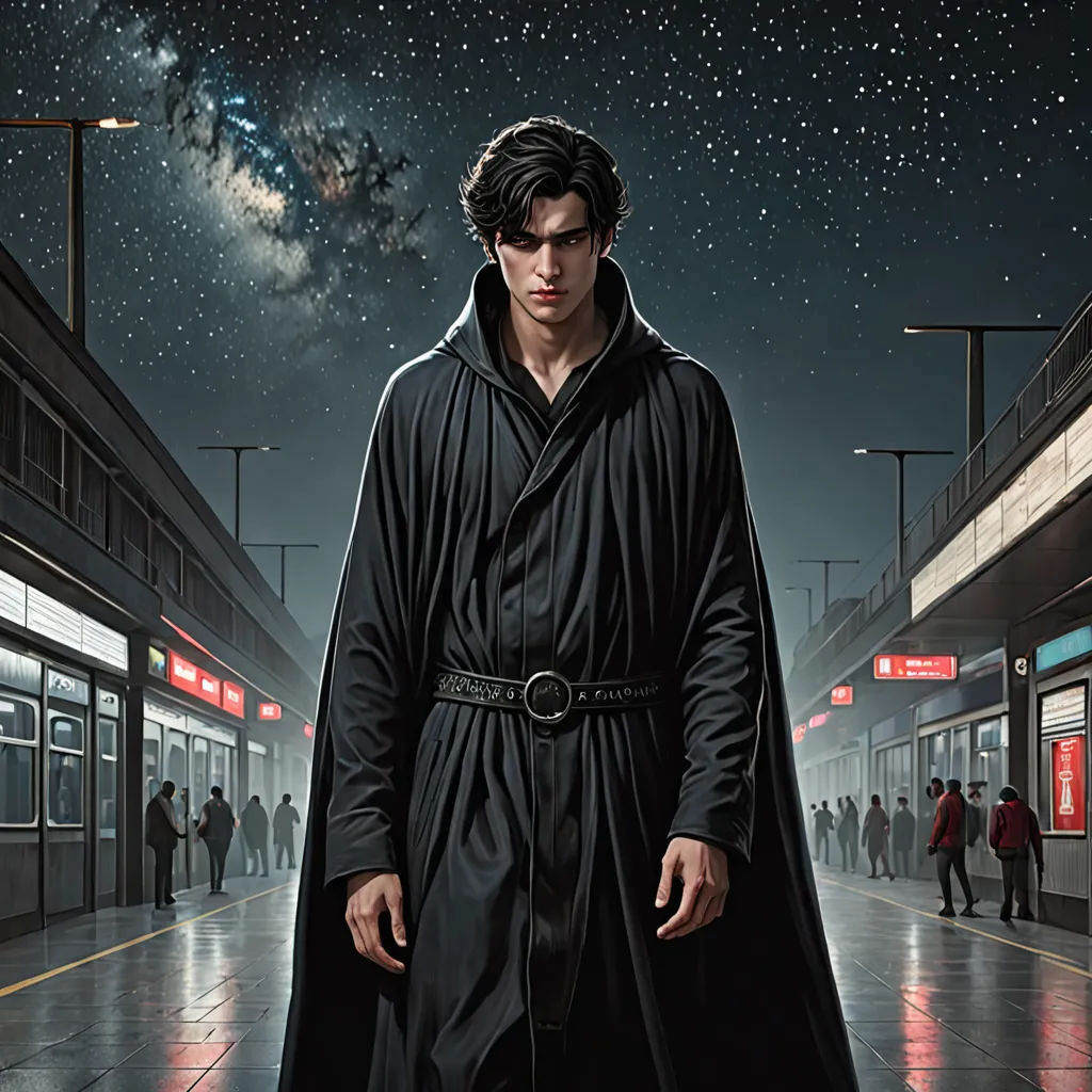 a man in a long black coat standing in a train station at night with a galaxy in the background, fantasy art, a character portrait, Barclay Shaw, official art