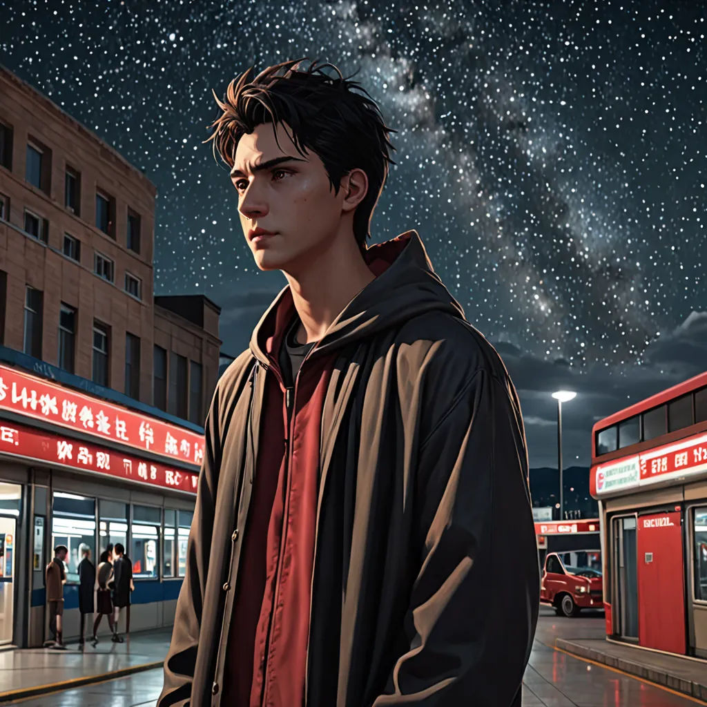 a man standing in front of a building with a sky full of stars in the background and a red bus parked in front of him, photorealism, a photorealistic painting, Bian Jingzhao, stanley artgerm lau