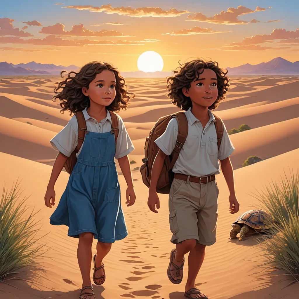 a painting of two children walking in the desert at sunset with a turtle in the background and a sun setting behind them, serial art, poster art, Brothers Hildebrandt, official art