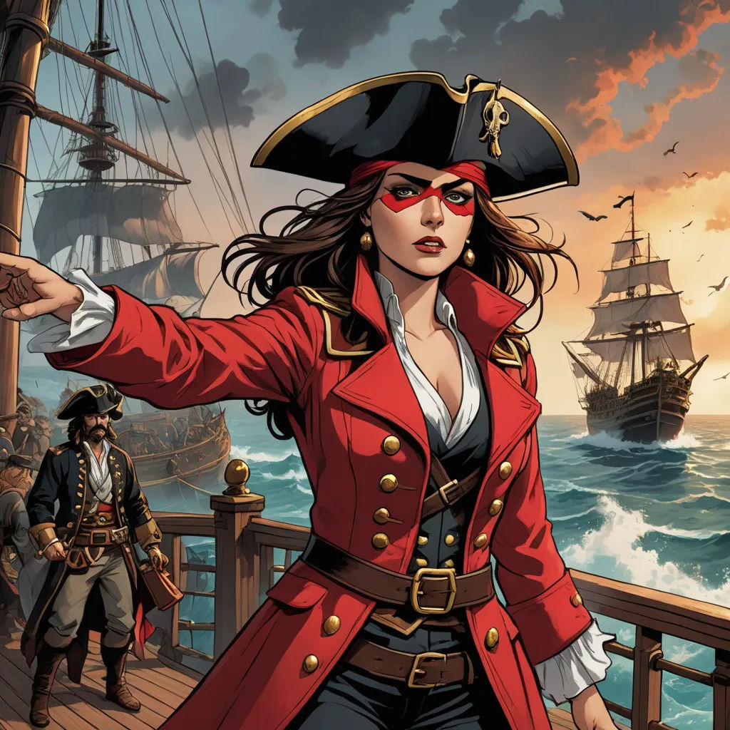 a woman in a pirate costume pointing at something while standing on a pier with a pirate ship in the background, fantasy art, a comic book panel, Chris Rallis, western comic book art