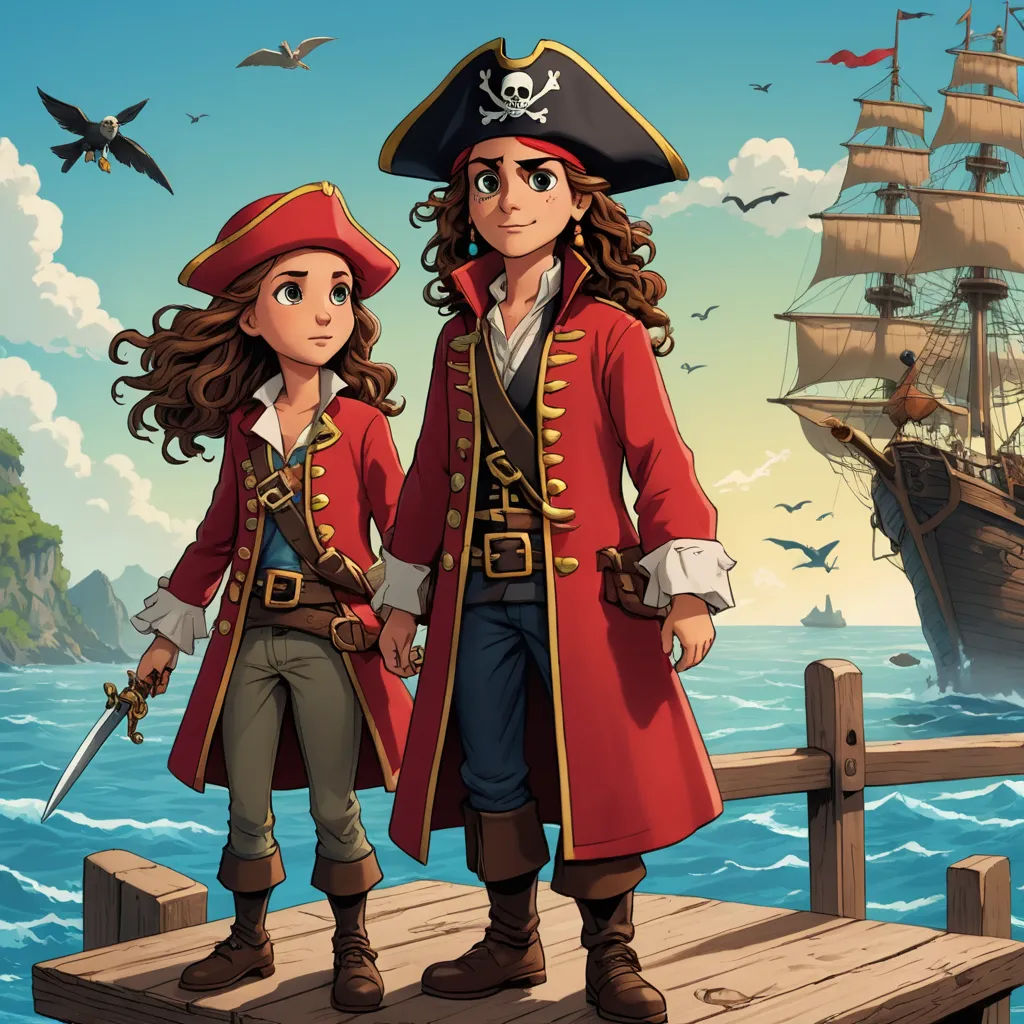 a couple of people standing on a dock near a boat in the ocean with a pirate ship in the background, fantasy art, a storybook illustration, Altoon Sultan, 2 d game art