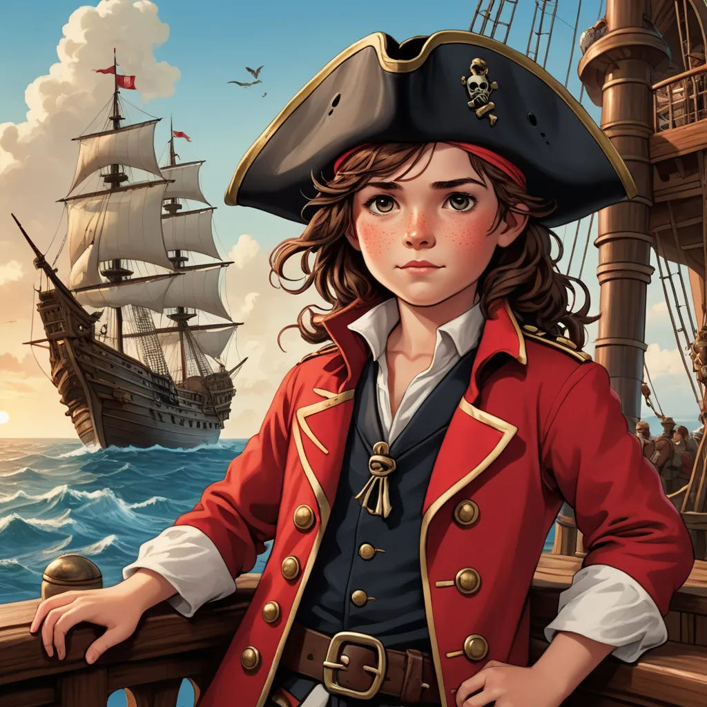 a girl in a pirate costume standing on a boat in the ocean with a pirate ship in the background, fantasy art, a character portrait, Charlie Bowater, highly detailed digital painting