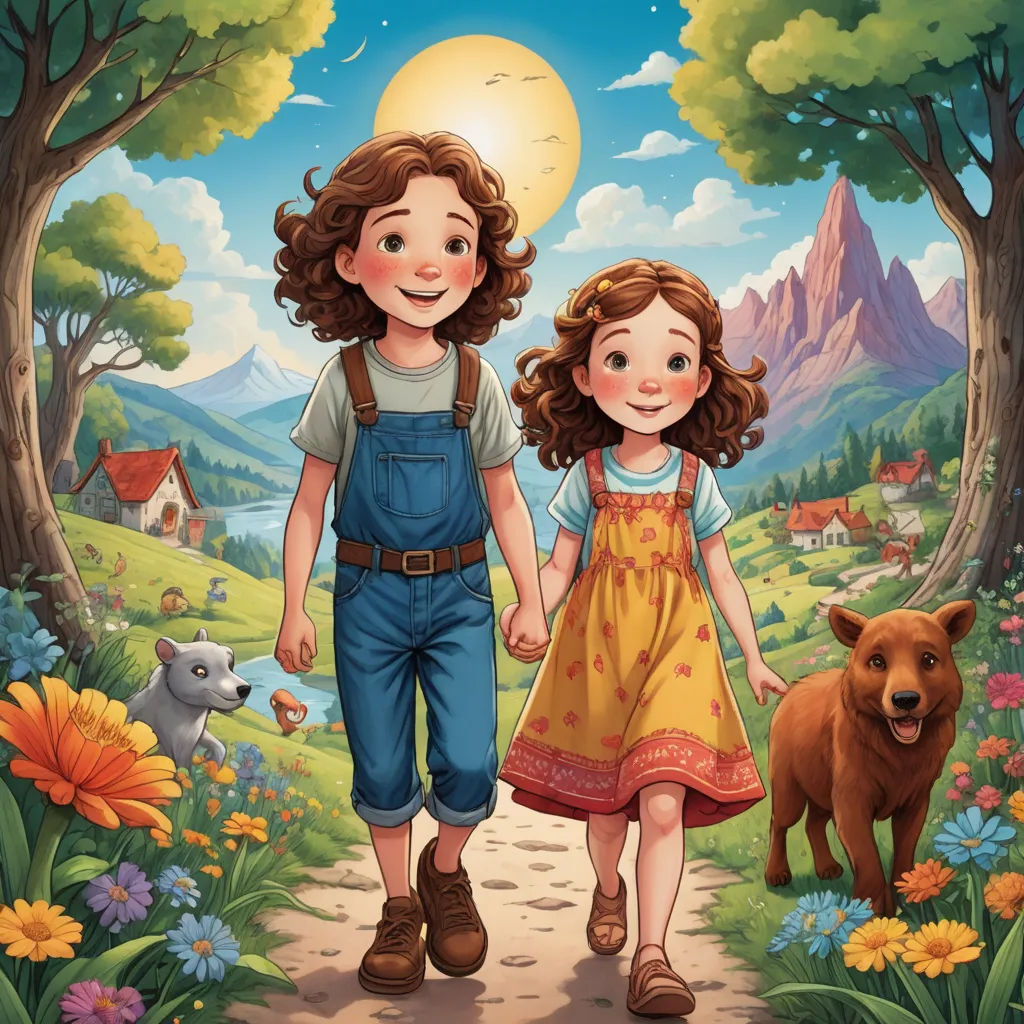 a boy and a girl are walking through the woods with a dog and a house in the background illustration, german romanticism, a storybook illustration, Bob Byerley, comic cover art