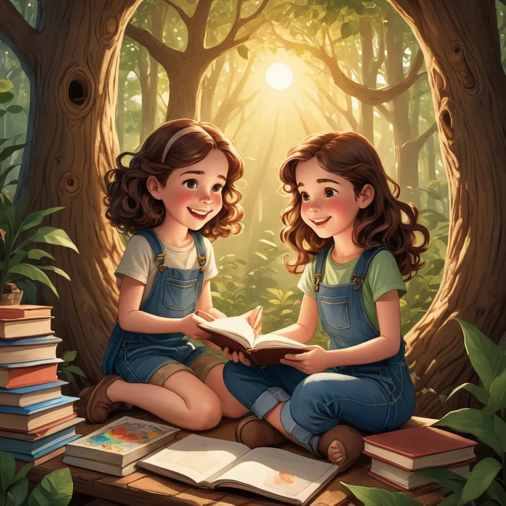 two girls sitting on a bench reading a book in a forest with sunlight coming through the trees and a tree trunk, fantasy art, a storybook illustration, Cyril Rolando, storybook illustration