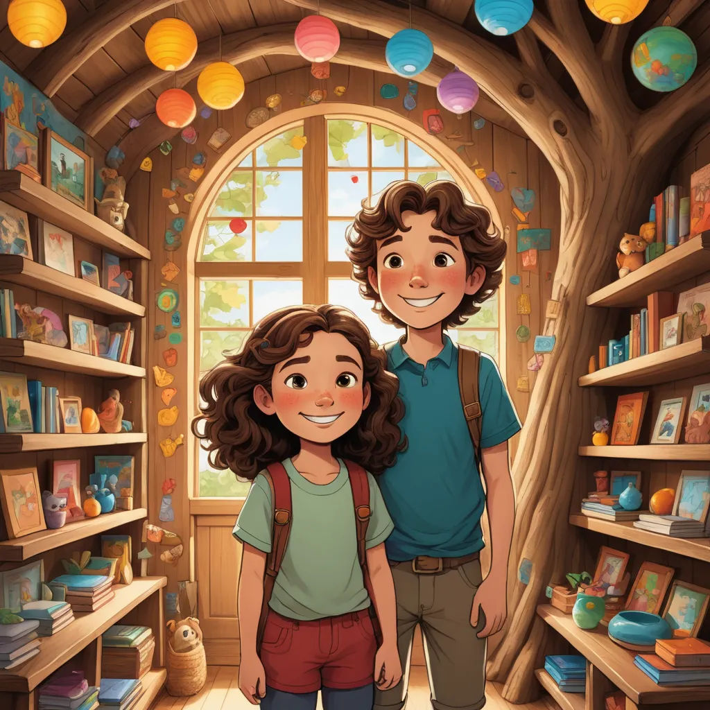 a boy and a girl standing in a library with bookshelves full of books and paper lanterns overhead, magical realism, a storybook illustration, Diego Gisbert Llorens, storybook illustration
