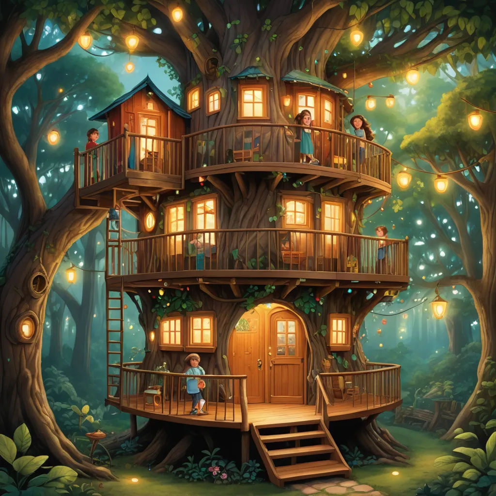 a tree house with a staircase leading to it and a person standing on the top of the treehouse, fantasy art, a storybook illustration, Chris LaBrooy, storybook illustration