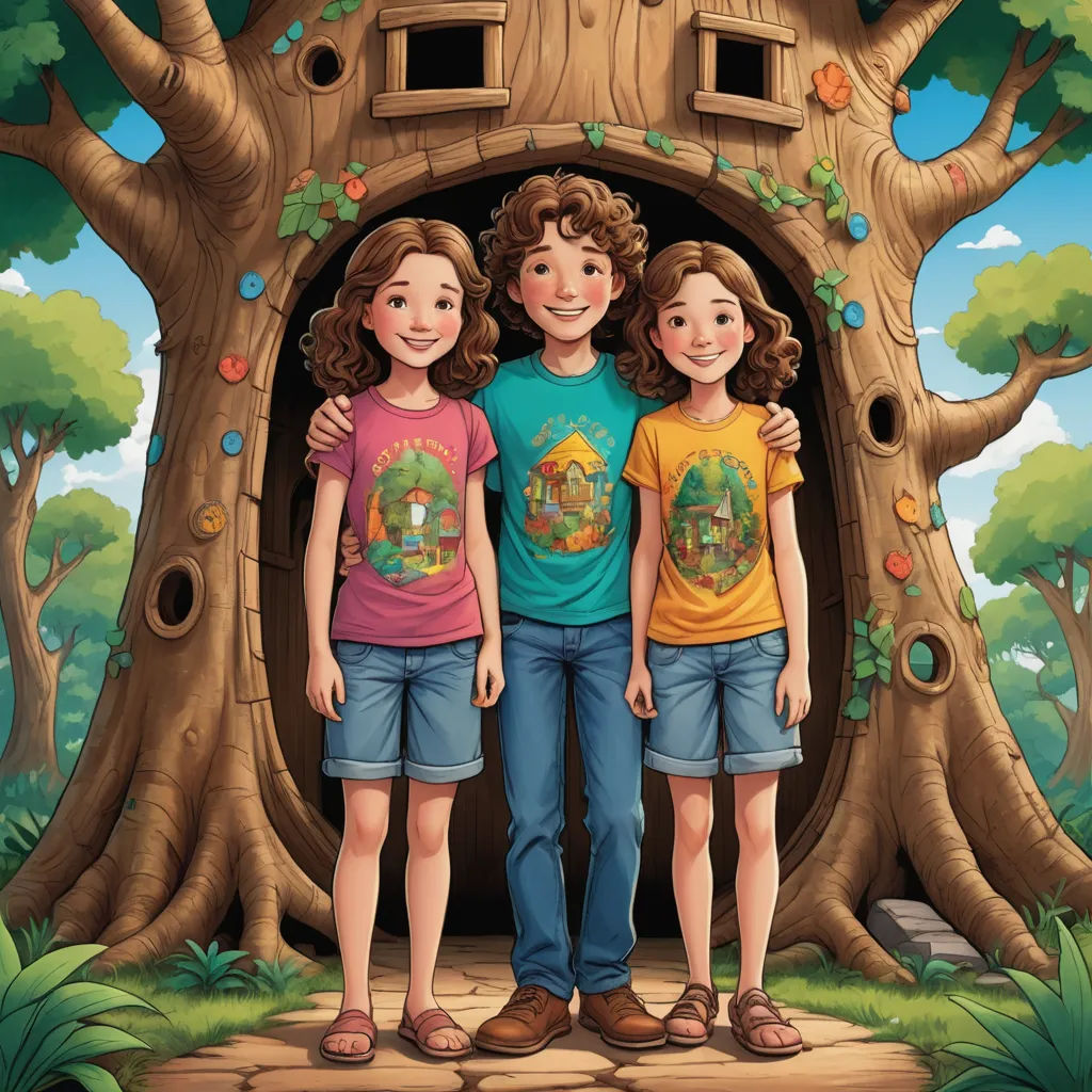 a couple of kids standing in front of a tree house with a tree trunk on it's side, magical realism, a storybook illustration, Elinor Proby Adams, storybook illustration
