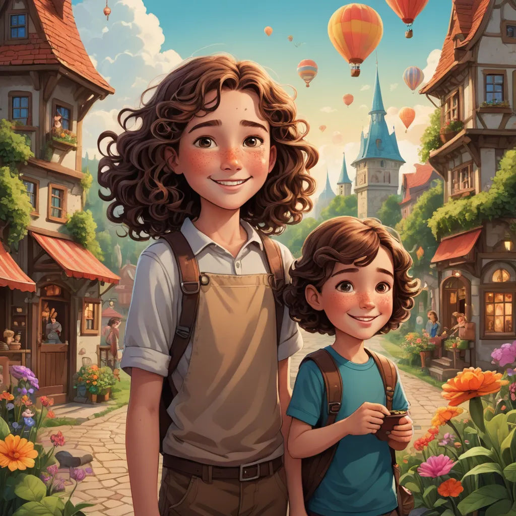 a boy and a girl standing in front of a village with hot air balloons flying above them and a castle in the background, magical realism, a storybook illustration, Brothers Hildebrandt, rossdraws global illumination