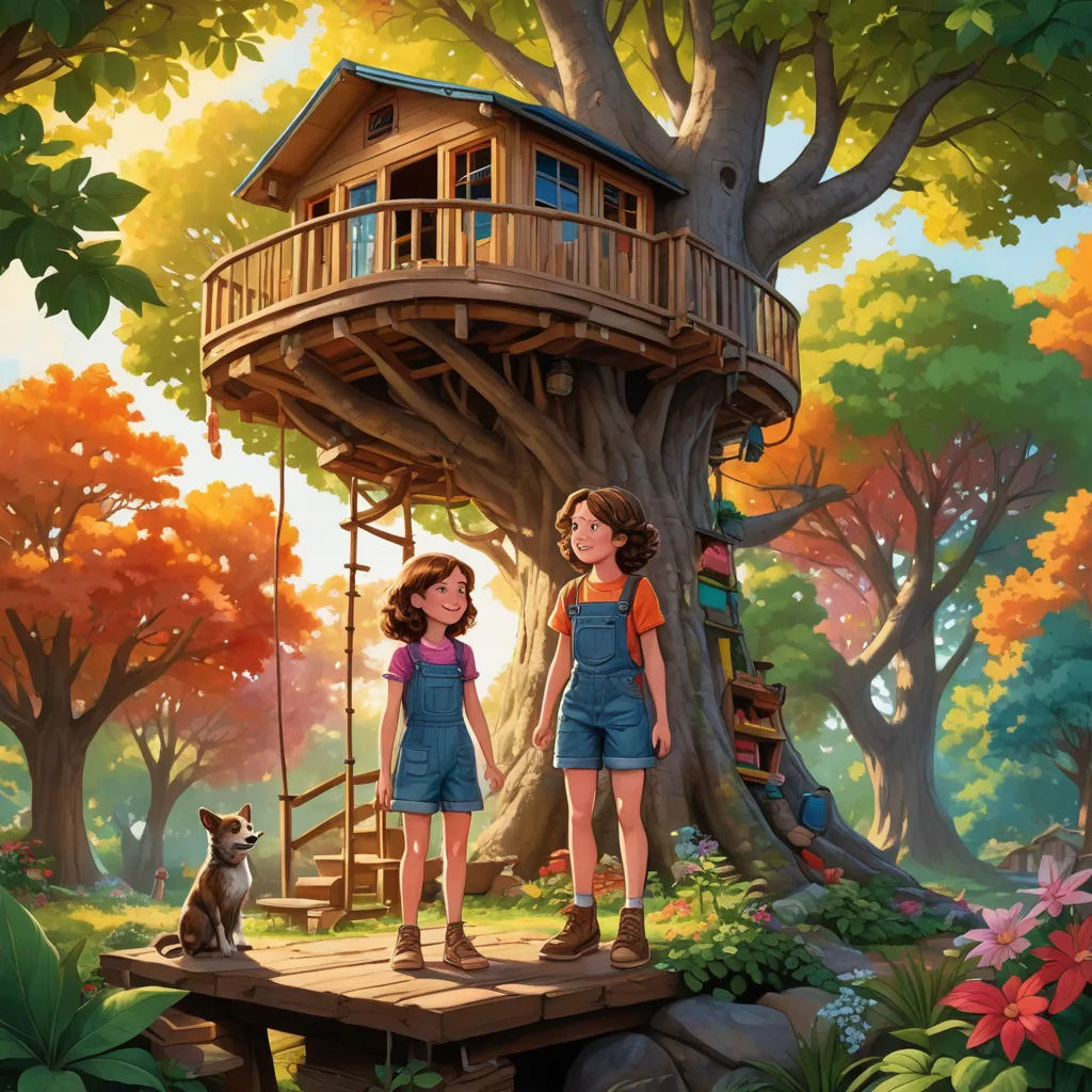 a painting of two girls standing in front of a tree house with a dog looking on from the porch, american scene painting, a storybook illustration, Aaron Jasinski, official art