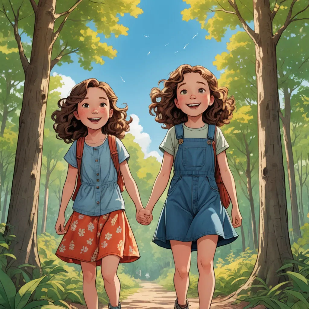 two little girls walking down a path in the woods holding hands and smiling at the camera with trees in the background, serial art, a storybook illustration, Diego Gisbert Llorens, official art