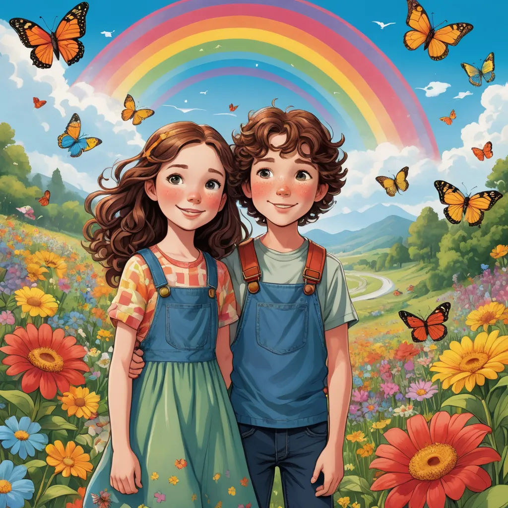 a couple of kids standing in a field of flowers and butterflies with a rainbow in the background and a rainbow in the sky, magical realism, a storybook illustration, Bob Byerley, comic cover art