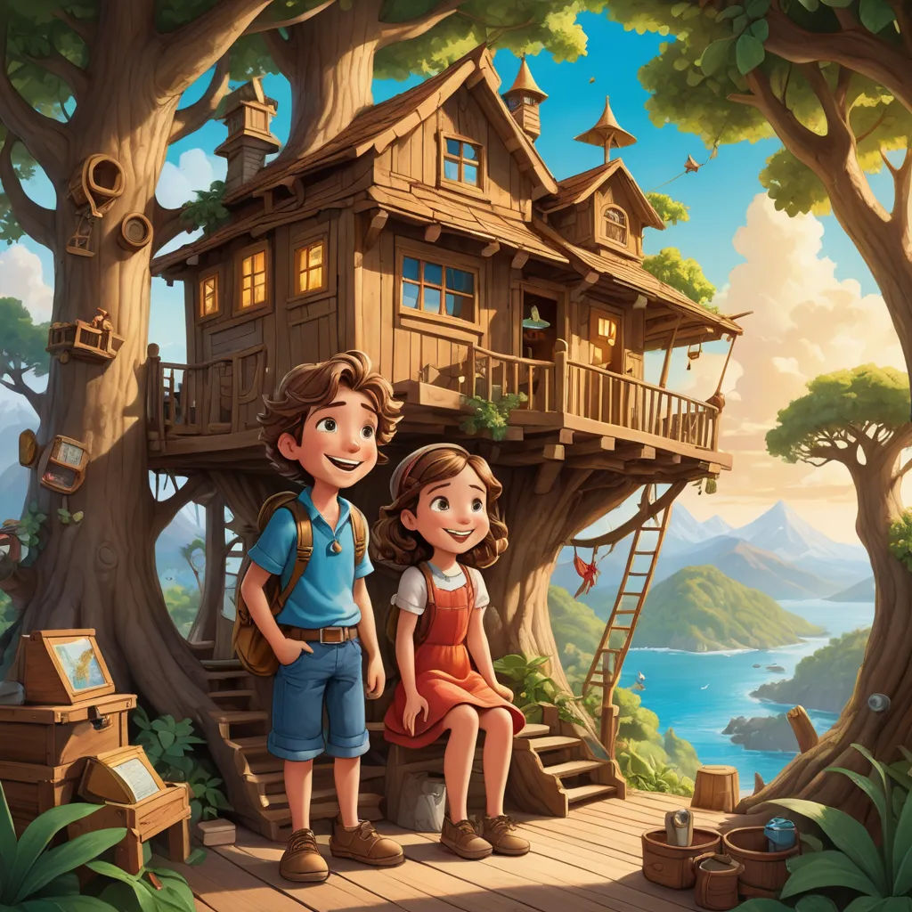 a boy and a girl are standing in front of a tree house with a ladder to the roof and a ladder to the roof, magic realism, a storybook illustration, Diego Gisbert Llorens, promotional image