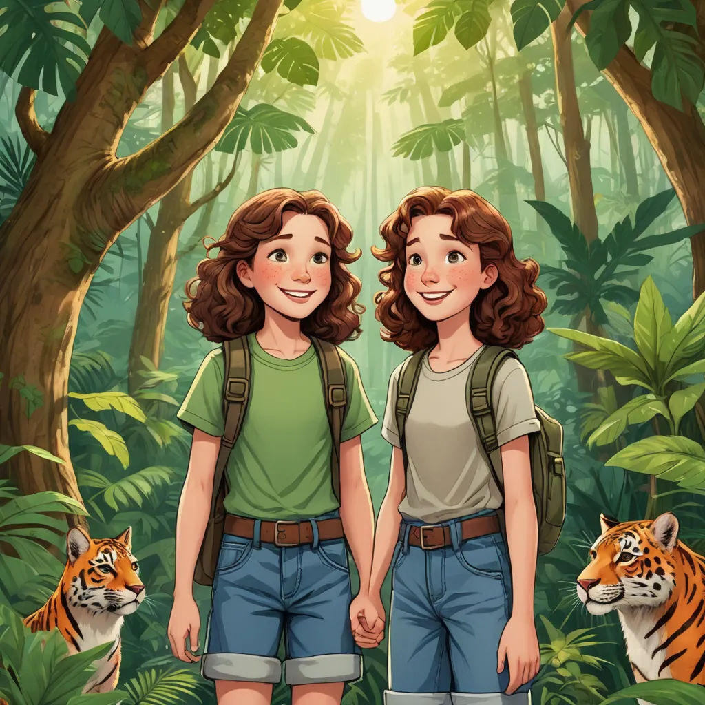 two girls standing in the jungle with a tiger behind them and a sun shining through the trees behind them, serial art, a storybook illustration, Diego Gisbert Llorens, book cover