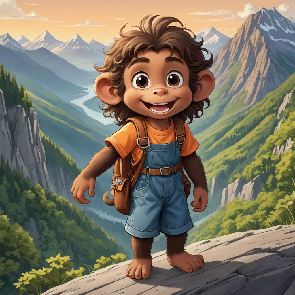 a monkey with a backpack standing on a cliff above a valley with mountains in the background and a valley with trees and bushes, furry art, a character portrait, Chris LaBrooy, official art