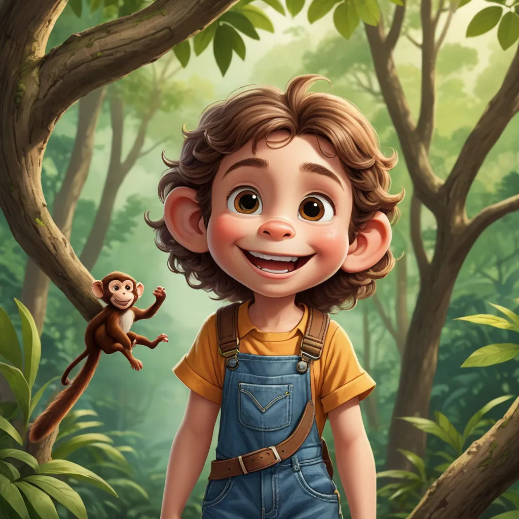 a cartoon boy with a monkey in the background in a jungle with trees and bushes, and a forest scene, photorealism, a digital painting, Diego Gisbert Llorens, highly detailed digital painting