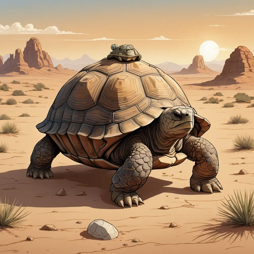 a cartoon turtle walking across a desert landscape at sunset or dawn with a rock in the foreground and a mountain in the background, massurrealism, an illustration of, Chris LaBrooy, highly detailed digital painting