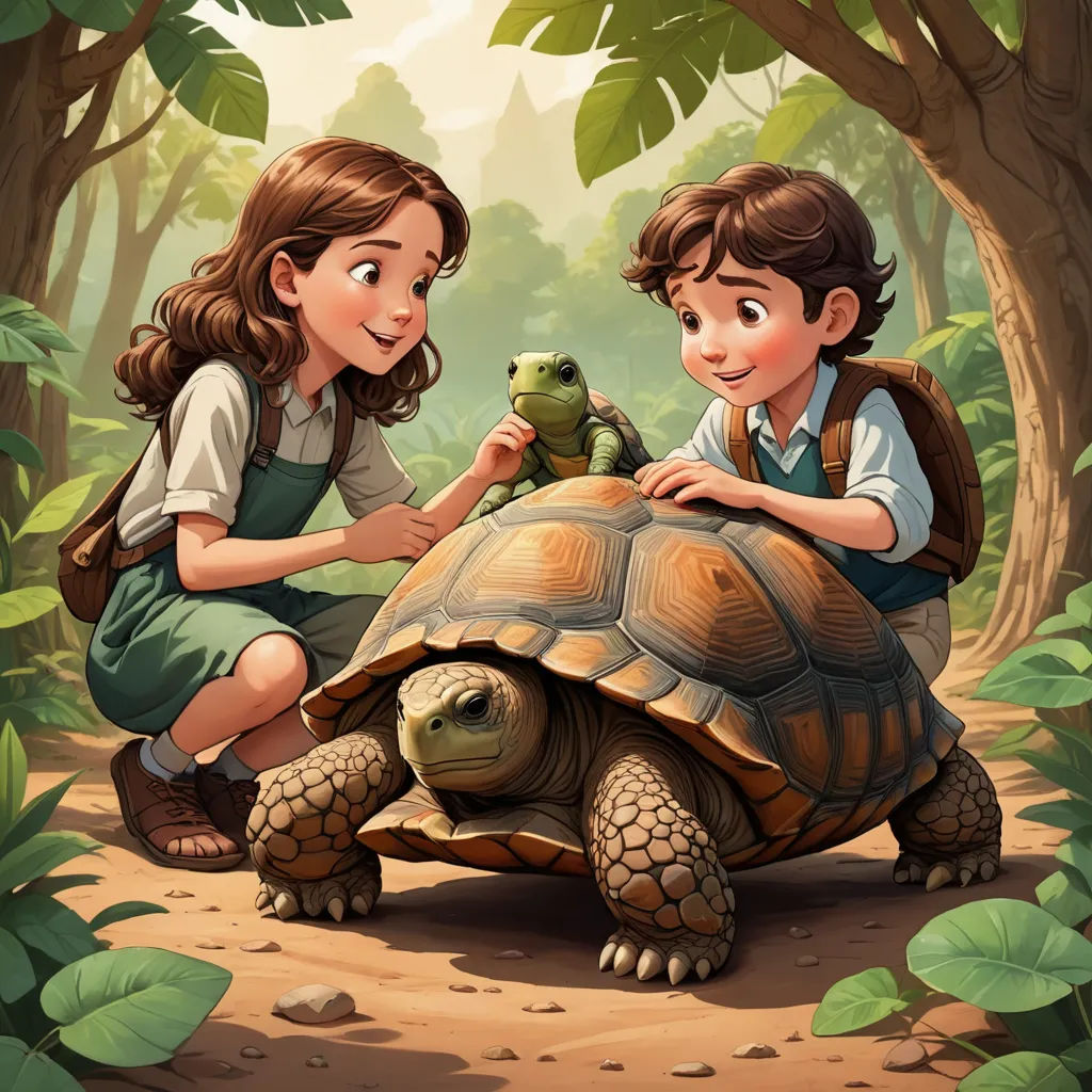 a boy and a girl petting a turtle in the forest illustration by alex krapfke for the children's book, sots art, a storybook illustration, Cliff Childs, storybook illustration
