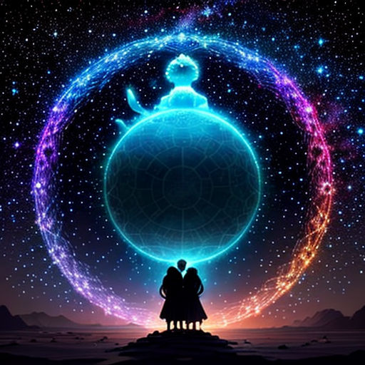 a couple standing in front of a large ball of light in the sky with stars around it and a star filled sky behind them