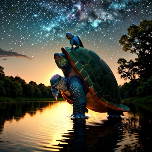 a turtle and a dog are sitting on top of a turtle in the water at night with stars in the sky