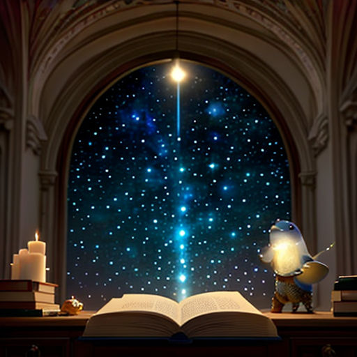 a book is opened on a table with a star filled window in the background and a little bird on top of it