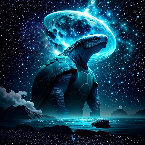 a turtle with a glowing head and a blue body of water in the background of a night sky with stars and a planet