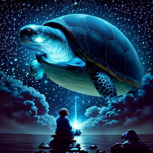 a man sitting on a rock looking at a turtle in the sky with stars above him and a person sitting on the ground