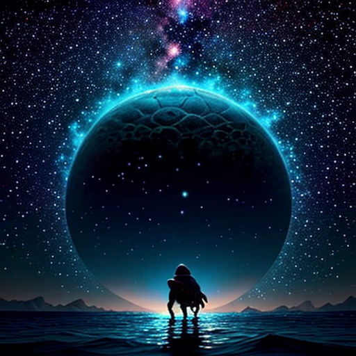 a man riding a horse across a body of water under a sky filled with stars and a star filled sky