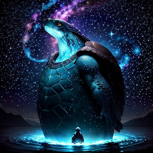 a turtle with a man standing on it's back in the water with stars in the background and a sky filled with stars