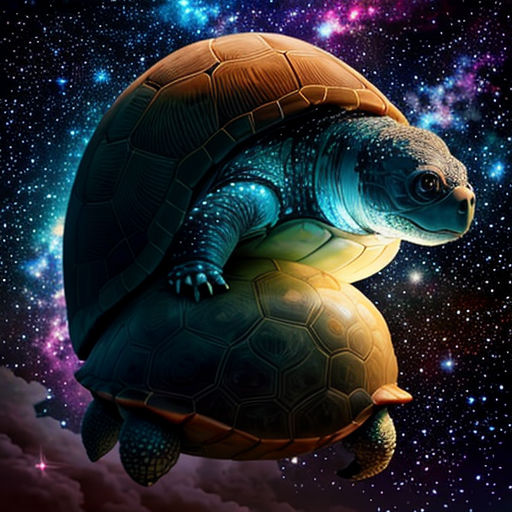 a turtle is floating in the air with a sky background and stars in the background, and a colorful sky filled with stars
