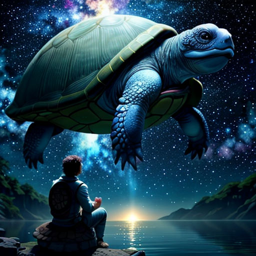 a man sitting on a rock looking at a turtle in the sky with stars above him and a person sitting on a rock