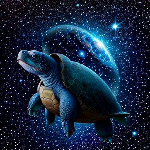 a turtle floating in the air with stars in the background and a blue sky with stars in the background