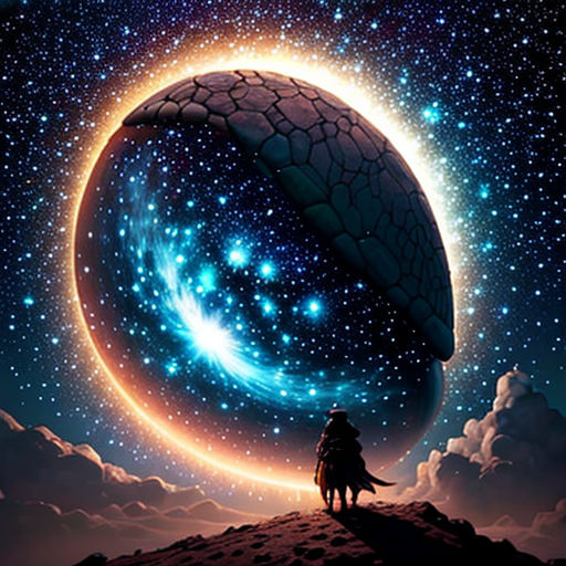 a man standing on top of a hill under a blue sky with stars and a giant moon in the middle