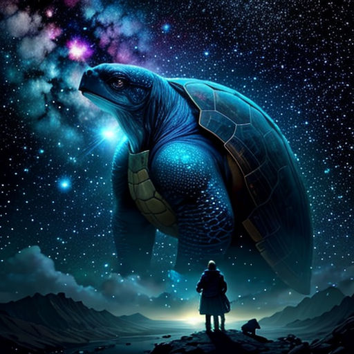 a man standing on top of a hill under a sky filled with stars and a turtle on top of it
