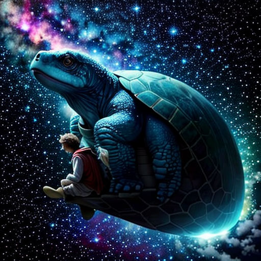 a man and a woman sitting on top of a turtle in the sky with stars in the background and a galaxy in the background
