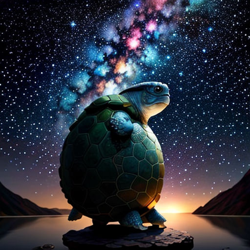 a turtle sitting on top of a rock under a night sky filled with stars and a milky filled sky