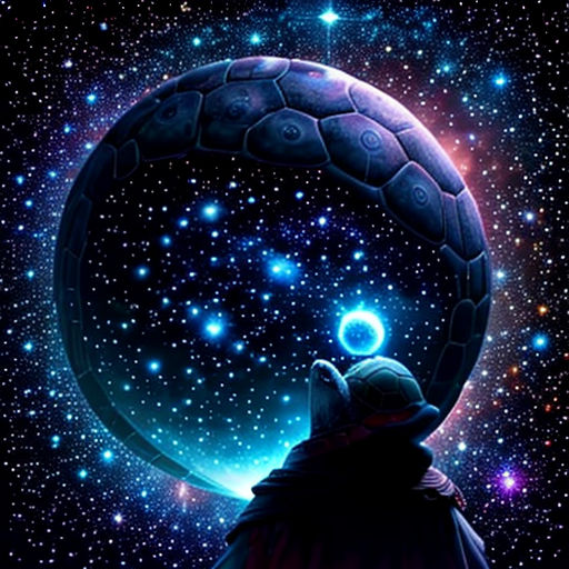 a person standing in front of a space filled with stars and a large object in the middle of the picture