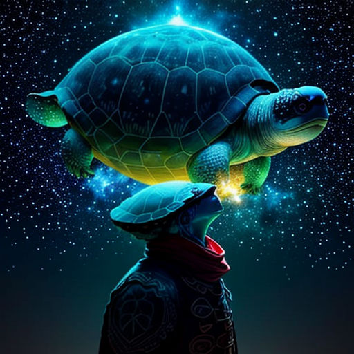 a man with a turtle on his head in the sky with stars above him and a blue background with a black background