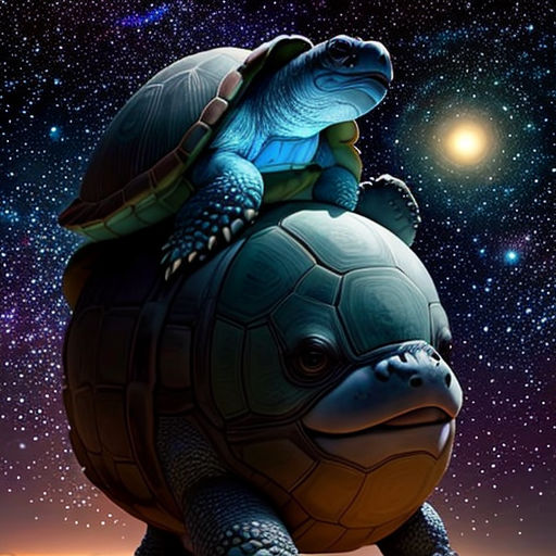 a turtle sitting on top of a turtle in the sky with stars in the background and a full moon in the sky