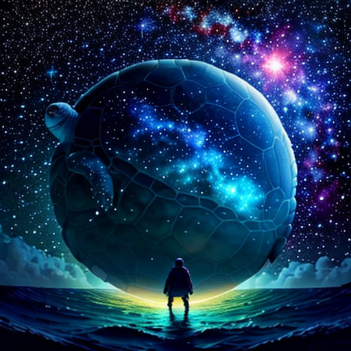 a man standing in front of a large blue ball in the middle of the ocean with stars in the sky